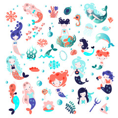 Collection of cute vector cartoon mermaids with elements of sealife and underwater plants and animals. Seashells, fairy princess mermaid in one set