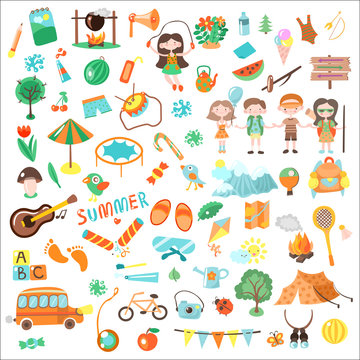 Kids camping cartoon vector illustration. Set of Kids camp elements and icons, cartooning illustrations about childhood, summer, camping and games for children