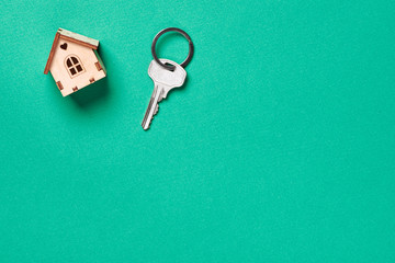 Toy house and key on green