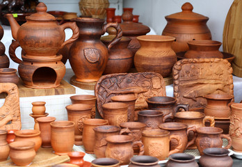 Fototapeta na wymiar showcase with handmade pottery