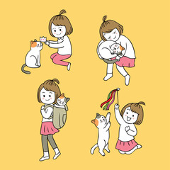 Cartoon cute friendship little girl and cat vector.