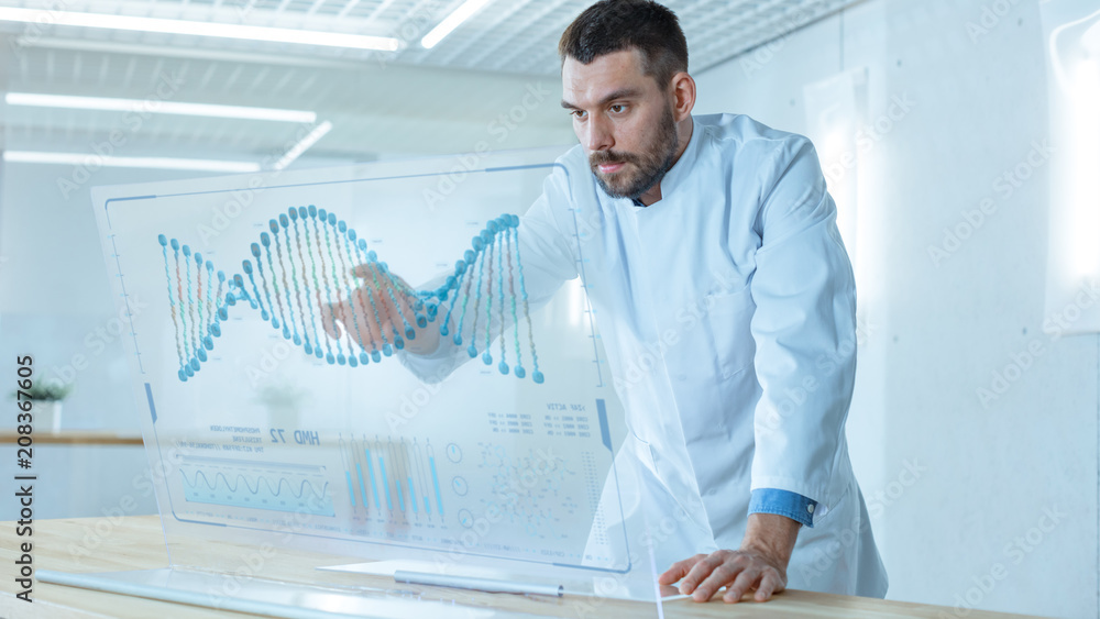 Aufkleber in the futuristic laboratory male scientist works on deciphering dna sequence on his transparent com
