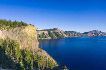 Beautiful scenery of the volcanic cliff as seen from the north rim in Crater Lake, Oregon, USA