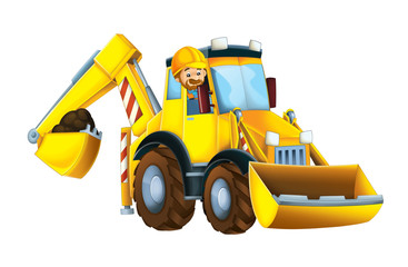 Obraz na płótnie Canvas Cartoon funny excavator with worker in the window - on white background - illustration for children