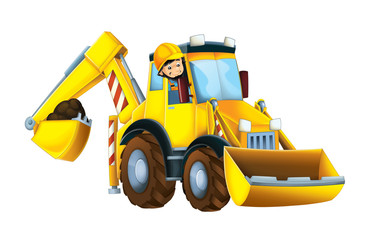 Obraz na płótnie Canvas Cartoon funny excavator with worker in the window - on white background - illustration for children