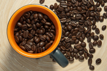 cereal coffee in a mug and scattered on the board