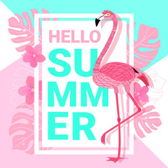 Summer banner with flamingo, typography, and tropical leaves background for promotion banner, flyer, party poster, printing and website. Vector illustration.
