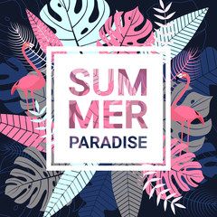 Summer paradise banner with typography, flamingo and tropical leaves on dark blue background for promotion banner, flyer, party poster, printing and website. Vector illustration.