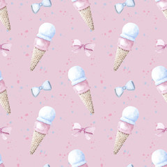 Hand drawn watercolor illustration seamless pattern pastel baby girl boy pink blue colors ice cream bow ribbon confetti - 208369618