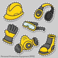 Set of flat element vector design of personal protective equipment (PPE) for web and media decorations.