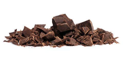Chopped and chunks chocolate on a white background