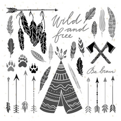 Ethnic Indian elements illustration set. Vintage feathers and arrows graphic elements
