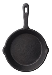 Isolated objects: empty black cast iron frying pan, isolated on white background