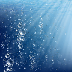 Bubbles in water on blue background. Deep water bubbles illuminated by rays of light. Fizzy sparkles in water. Realistic raster illustration.