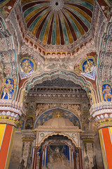 Colorful paintings on ceiling wall of Darbar Hall of the Thanjavur Maratha palace, Thanjavur, Tamil Nadu, India