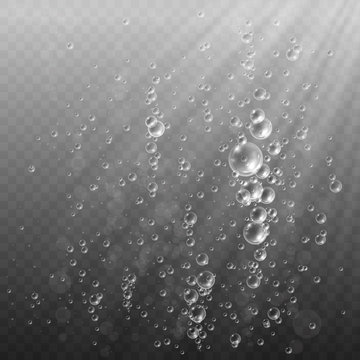 Transparent Bubbles in water. Deep water bubbles illuminated by rays of light on a transparent dark background. Fizzy sparkles in water. Vector illustration.