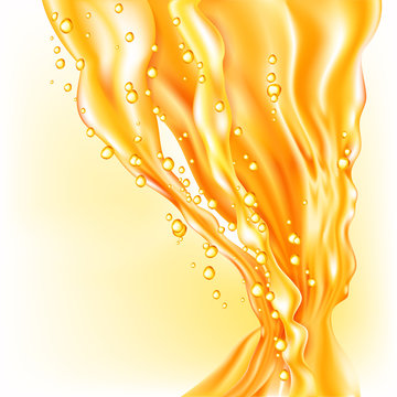 Orange juice splash. Realistic flow of liquid with drops. Vector illustration.