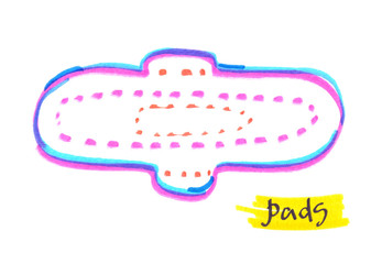 Top view of a bright clean menstrual pad with wings painted in highlighter felt tip pen on clean white background