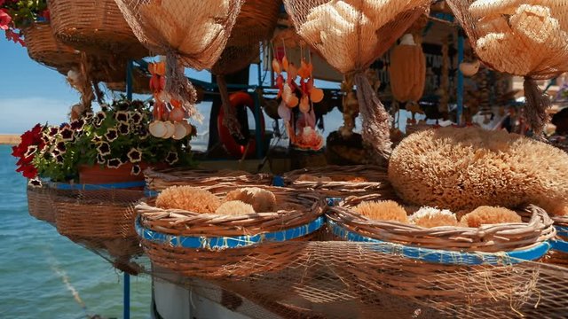 Close-up shot of natural sponges being sold in the promenade walk of Old Chania town, Crete, Greece