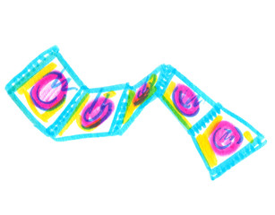 A ribbon of five bright pink condoms painted in highlighter felt tip pen on clean white background