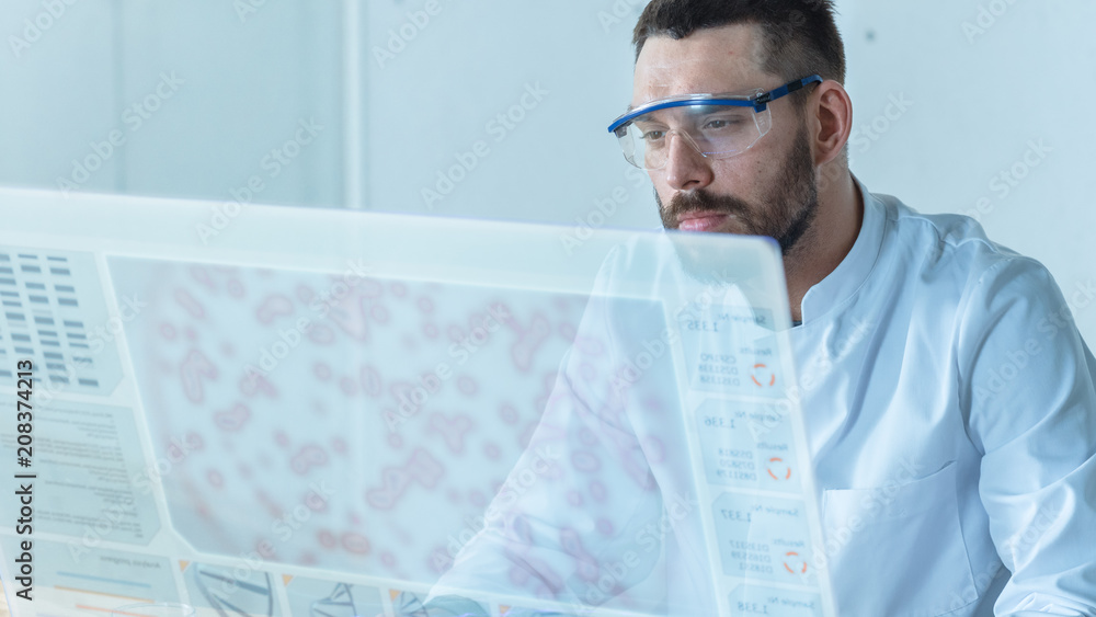 Poster in the futuristic laboratory male scientists working on the transparent display computer. screen sho
