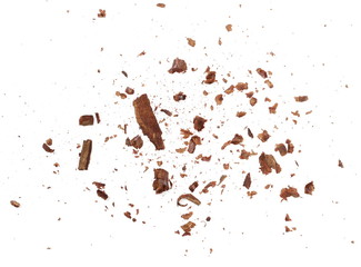 Cinnamon shavings isolated on white background, top view