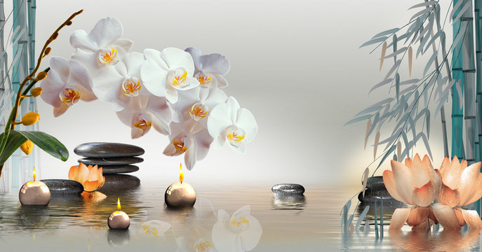 Fototapeta Wandbild mit Orchideen, Steinen und Bambus im Wasser und schwimmenden Kerzen