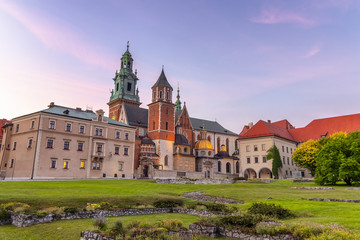 Cathedral of St. Stanislaw and St. Vaclav and royal castle on the Wawel Hill at sunset, Krakow,...