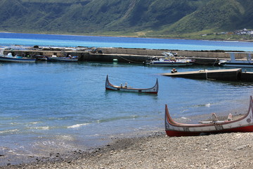 Aboriginal Canoe with Beautiful Feather Decoration on the Beach of Lanyu During Flying Fish Festival at Taitung, Taiwan