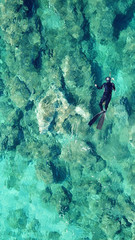 Aerial drone bird's eye view photo of scuba diver in tropical rocky sea with turquoise clear waters