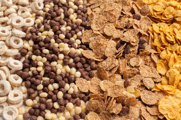 Variety of cold cereals, quick breakfast for kids overhead shot