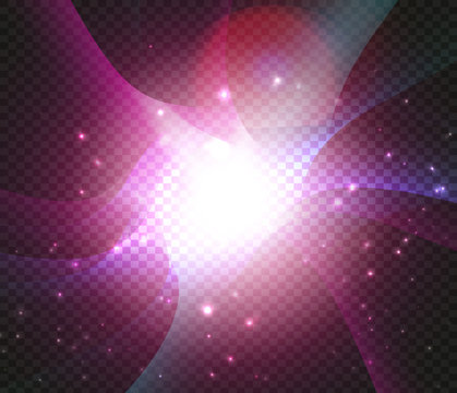 Cosmic nebula backdrop. Magic galaxy background. Bright fantasy purple space on black background with stars. Big bang, milky way vector illustration.