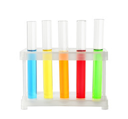 Rack with test tubes on white background