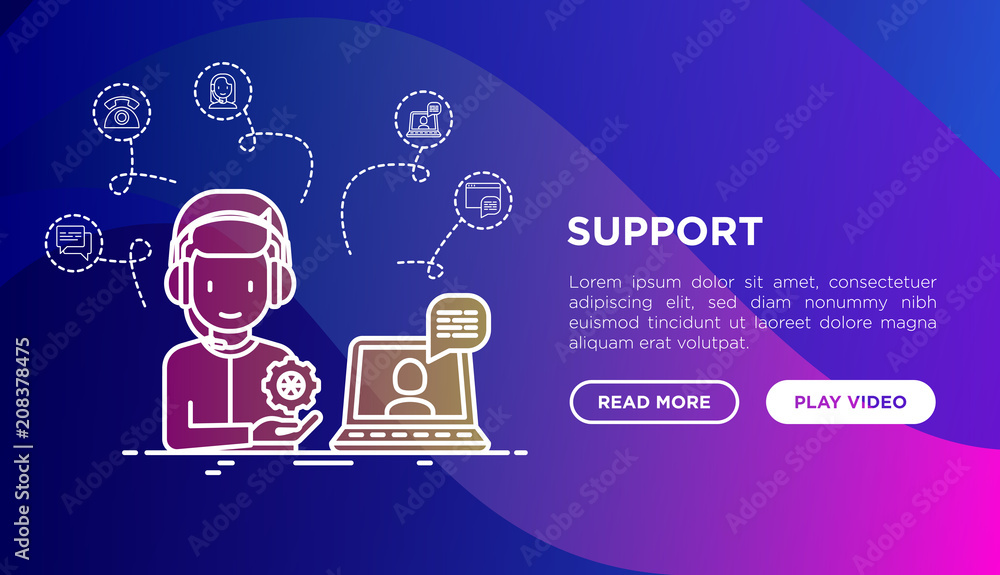 Poster support concept: operator of call center in headset with laptop and video call. thin line icons: ema