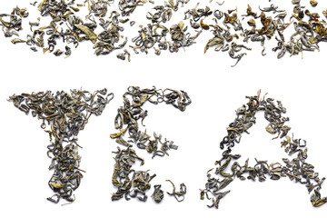 Word TEA made of dry leaves on white background