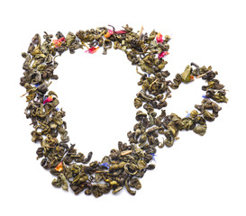 Cup made of dry green tea on white background