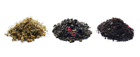 Different types of tea on white background