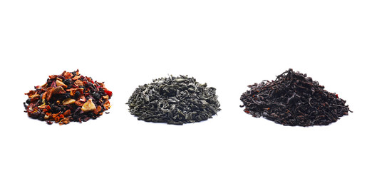 Different types of tea on white background