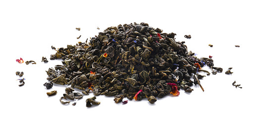 Heap of dry green tea on white background