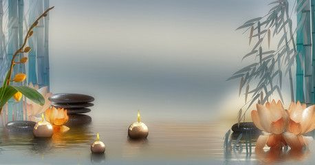 Fototapeta premium Wandbild mit Steinen und Bambus im Wasser und schwimmenden Kerzen
