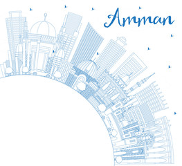 Outline Amman Jordan Skyline with Blue Buildings and Copy Space.