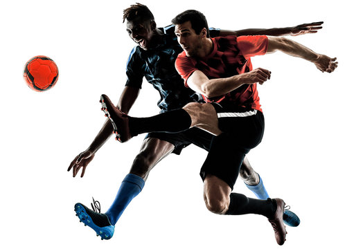 Fototapeta two soccer players men in studio silhouette isolated on white background