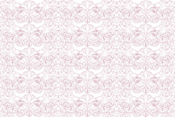 Baroque background in light pink and white. Vintage, Rococo, damask patterns with leaves, floral elements