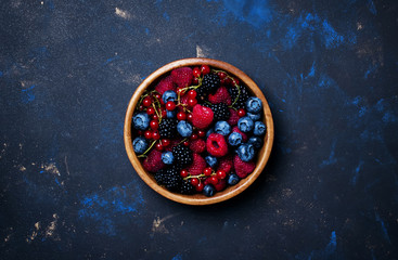Summer berries in assortment, food background, top view