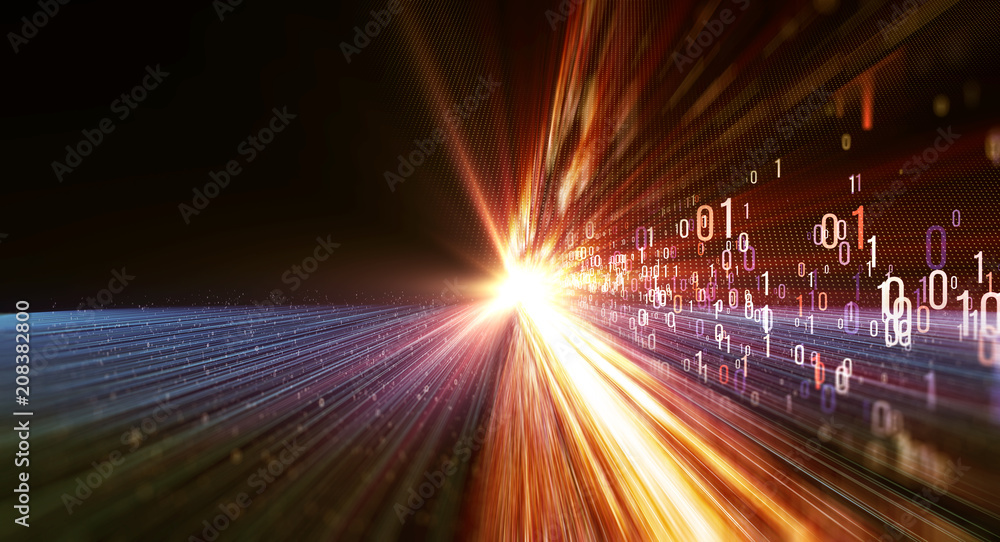 Poster Binary background/ Color bytes of binary code flying through a vortex, background code depth of field and flares. Data transmission channel. Motion of digital data flow. Transferring of big data