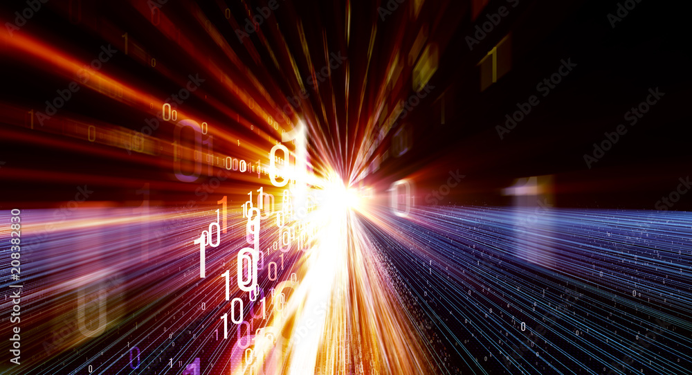 Poster Binary background/ Color bytes of binary code flying through a vortex, background code depth of field and flares. Data transmission channel. Motion of digital data flow. Transferring of big data