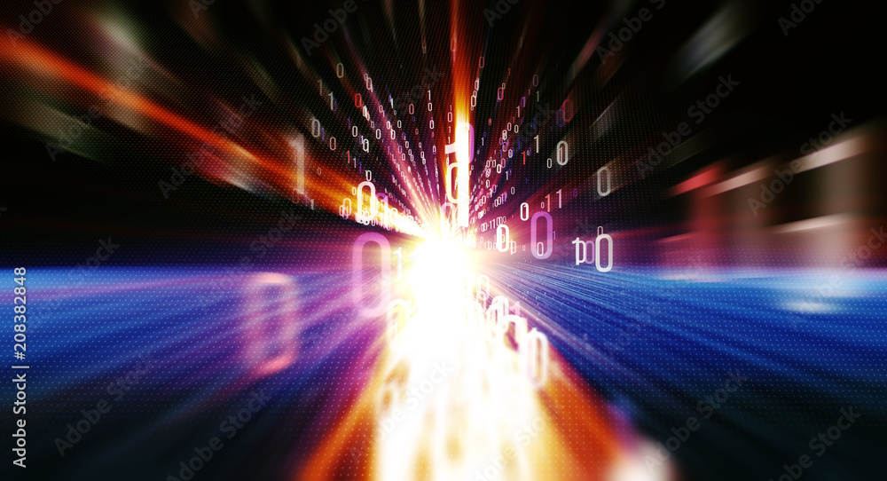 Poster Binary background/ Color bytes of binary code flying through a vortex, background code depth of field and flares. Data transmission channel. Motion of digital data flow. Transferring of big data