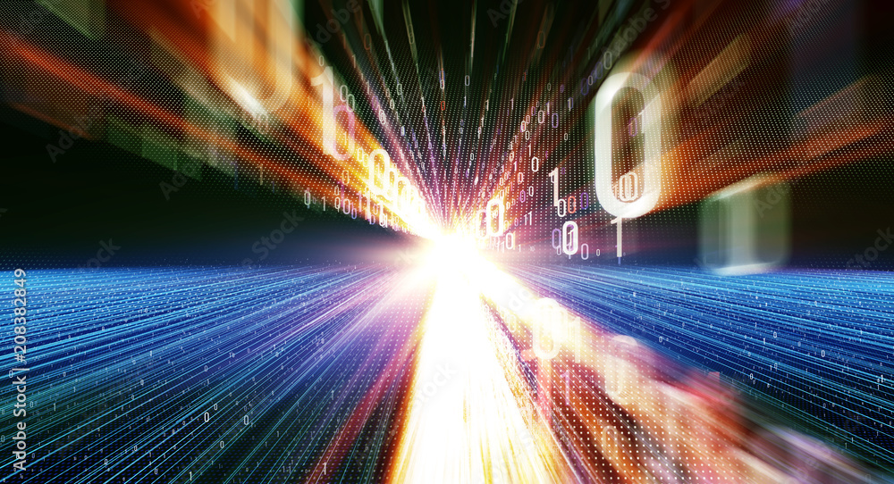 Poster Binary background/ Color bytes of binary code flying through a vortex, background code depth of field and flares. Data transmission channel. Motion of digital data flow. Transferring of big data