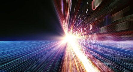 Binary background/ Color bytes of binary code flying through a vortex, background code depth of field and flares. Data transmission channel. Motion of digital data flow. Transferring of big data