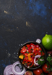 Fototapeta na wymiar Tex-Mex Concept, Salsa Sauce, Tomatoes, Nachos and Lime, Food Background, Top View